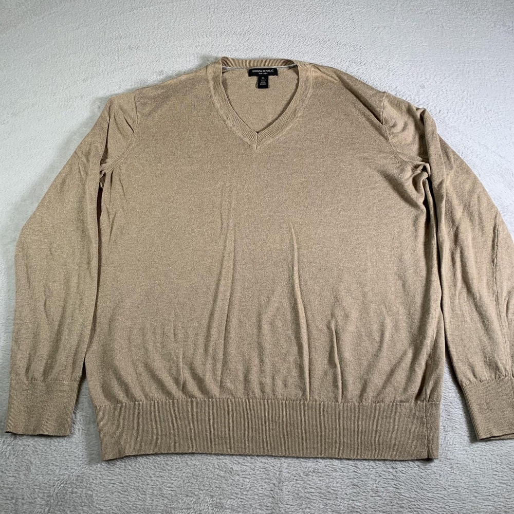 Banana Republic Sweater Mens XL Beige V Neck Silk‎ Linen Lightweight Pullover